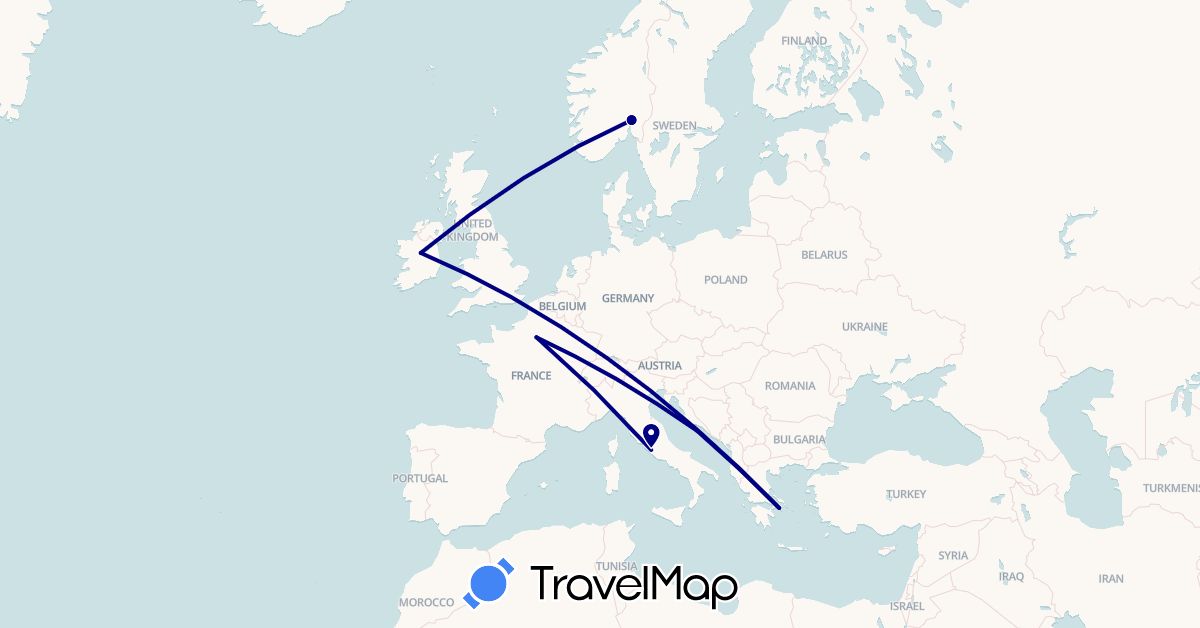 TravelMap itinerary: driving in France, Greece, Croatia, Ireland, Norway, Vatican City (Europe)