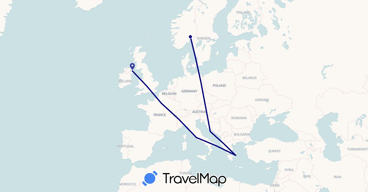 TravelMap itinerary: driving in France, United Kingdom, Greece, Croatia, Norway, Vatican City (Europe)